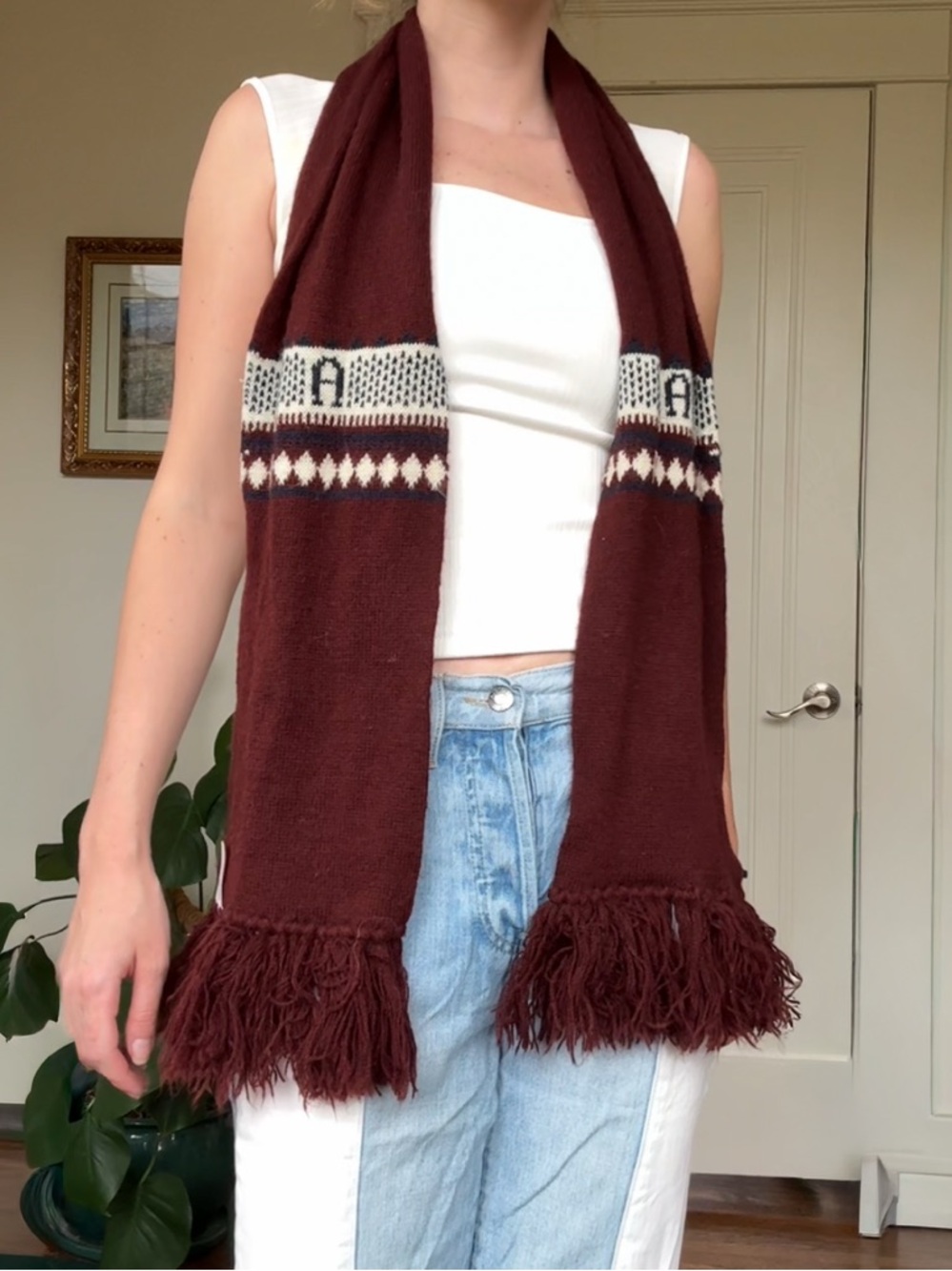 Vintage burgundy knit scarf with letter “A”